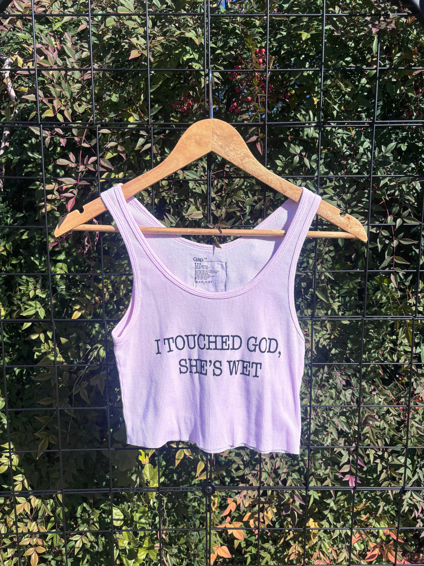 “i touched god” baby pink tank for fern