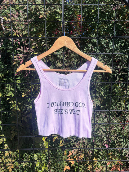 “i touched god” baby pink tank for fern