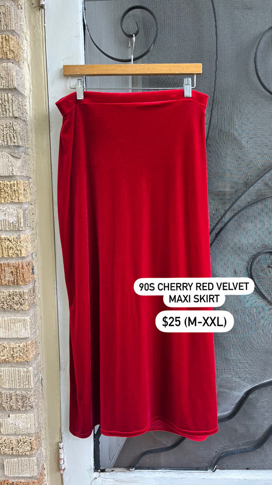 90s red velvet maxi skirt + fredericks corset for adriana