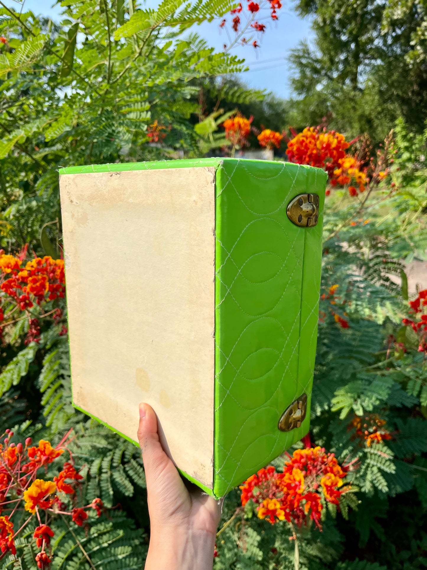 mcm slime green stash box + brass peacock mirror for kathleen