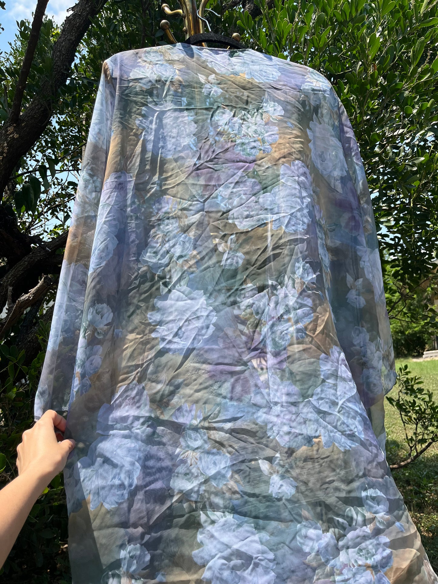 90s dreamy floral robe + black/ blue floral maxi skirt for maya