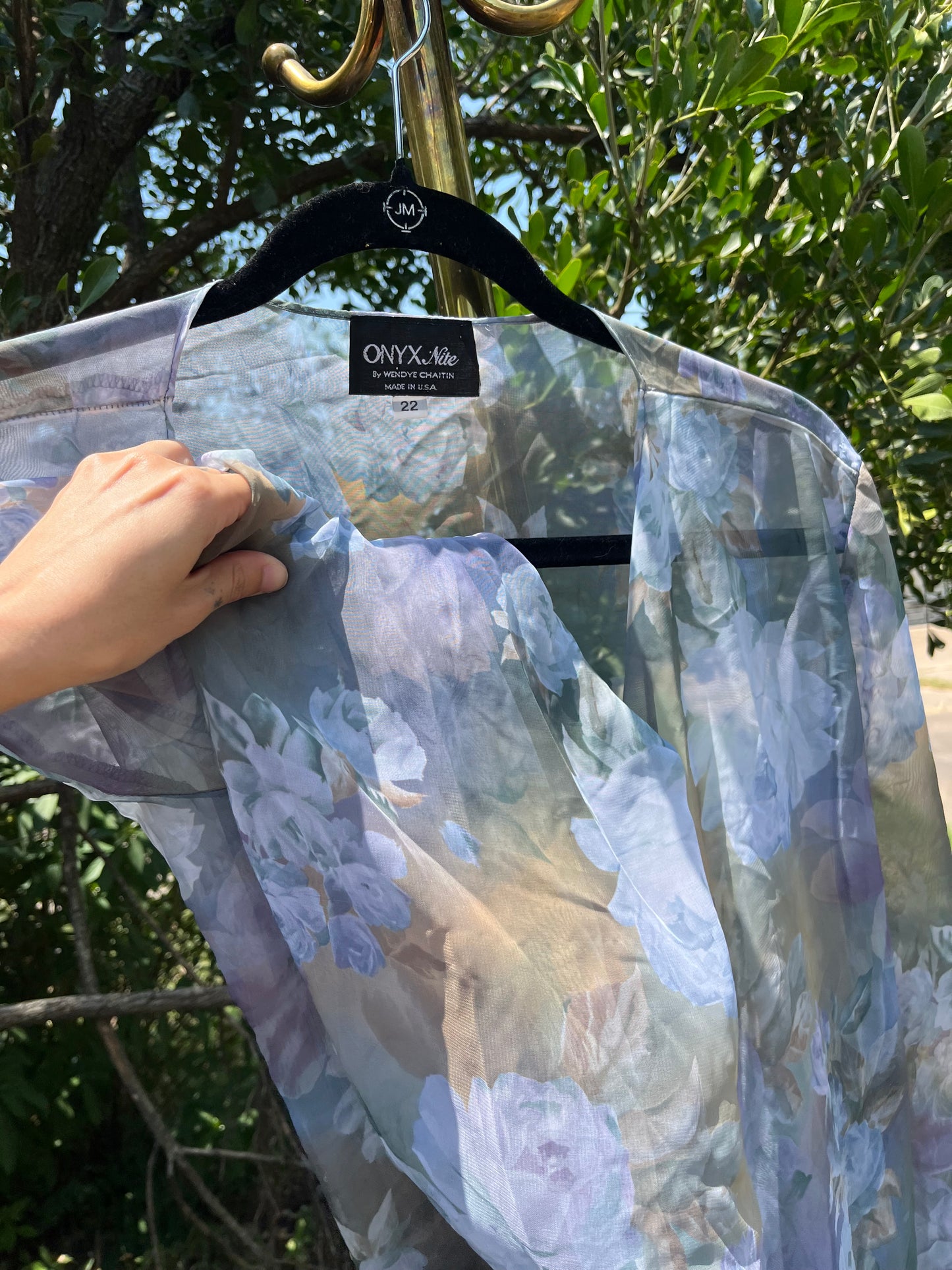 90s dreamy floral robe + black/ blue floral maxi skirt for maya