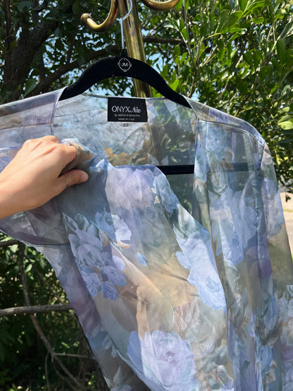 90s dreamy floral robe + black/ blue floral maxi skirt for maya