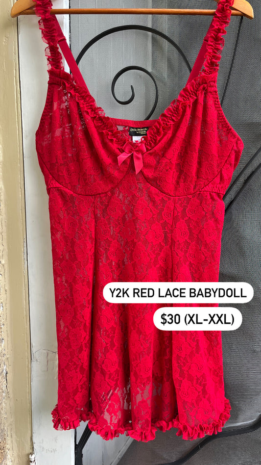 y2k red lace babydoll + 90s/y2k flame joker button up