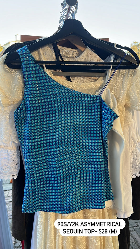 90s/y2k asymmetrical sequin top for monica + 90s ocean plaid maxi dress