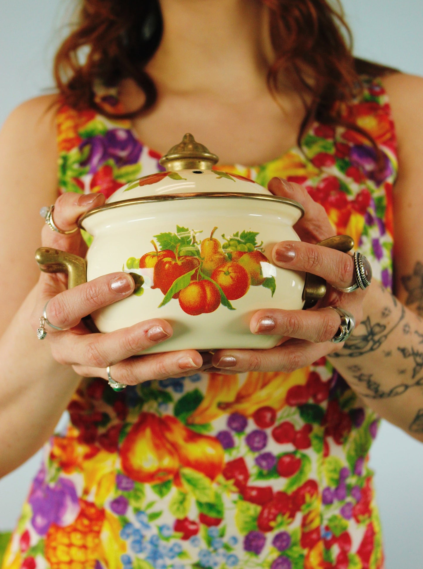 1970s Brass Accented Fruit Pot