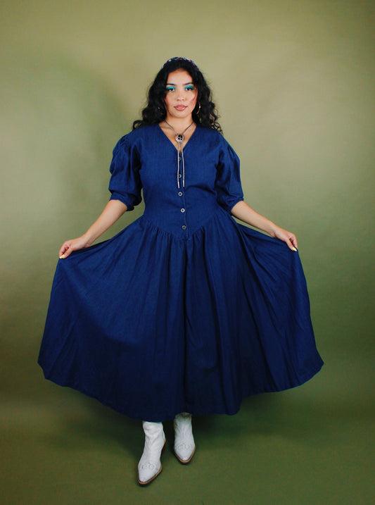 1980s Puff Sleeve Denim Maxi